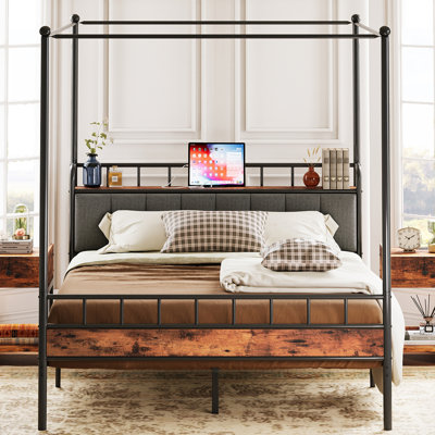Metal Canopy Bed Frame, Storage Headboard With Charging Station And Removable Canopy