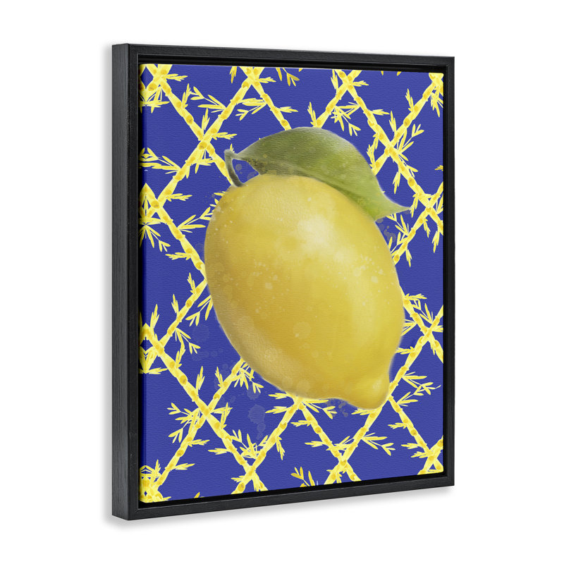 Citron audacieux sur cadre flottant bleu, design par Matthew Piotrowicz, H 21 po x l 17 po, Cadre flottant noir de jais