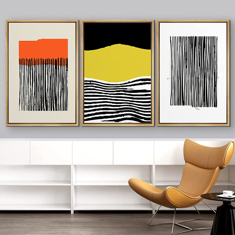 Abstrait abstrait aux couleurs vives, art au trait noir / jaune, art boho encadré 3 pièces, H 36 po x l 24 po x P 1,5 po