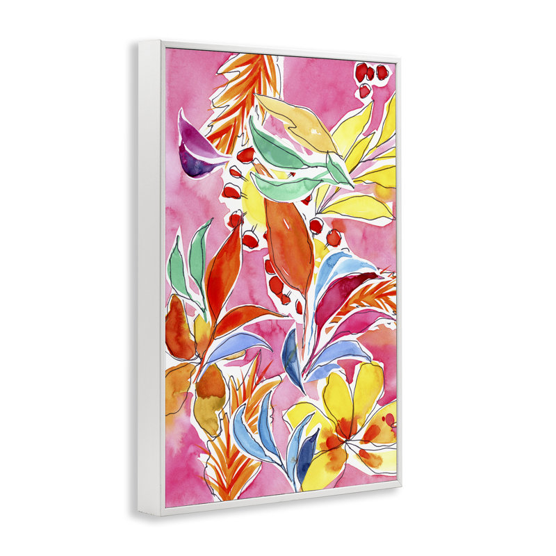 «Whimsical Leaves on Pink», art numérique par Victoria Barnes, Giclée encadrée blanc bord de mer, H 18 po x l 12 po