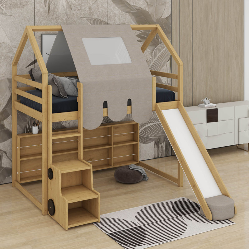 Twin House-Shaped Loft Bed With A Tent, Natural/Beige