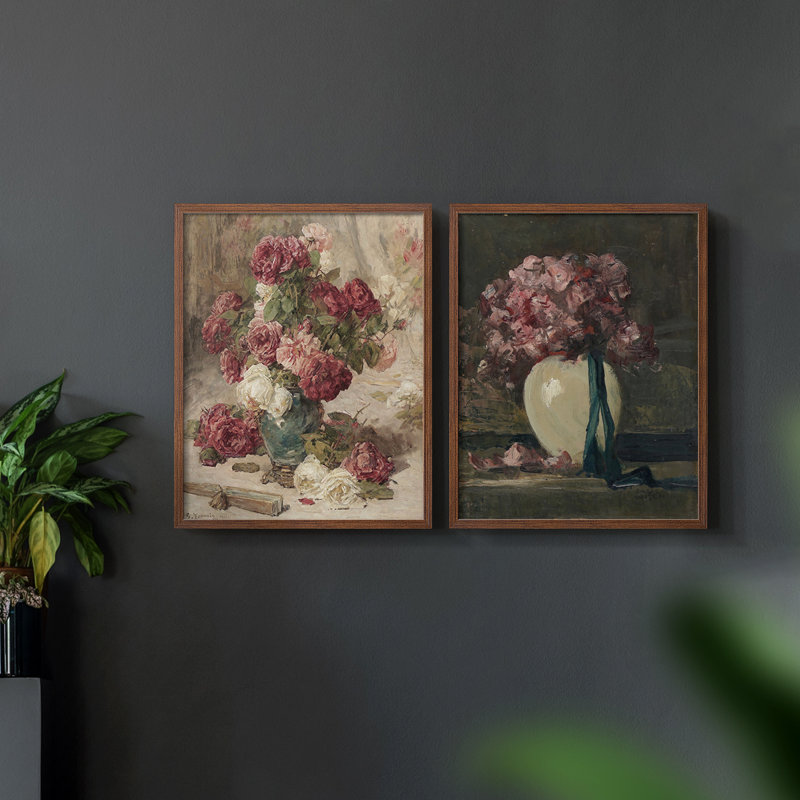 «Vintage Floral», ensemble de 2 estampes numériques encadrées, Noyer, H 17 po x l 42 po