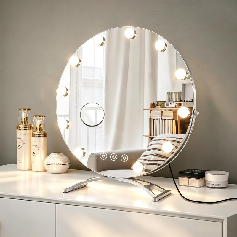 Large and Bright LED Metal Mirror Touch Dimmable Swivel Tabletop Mirror Hollywood Round lighted Makeup Mirror with 11 bulbs and 3x Magnification