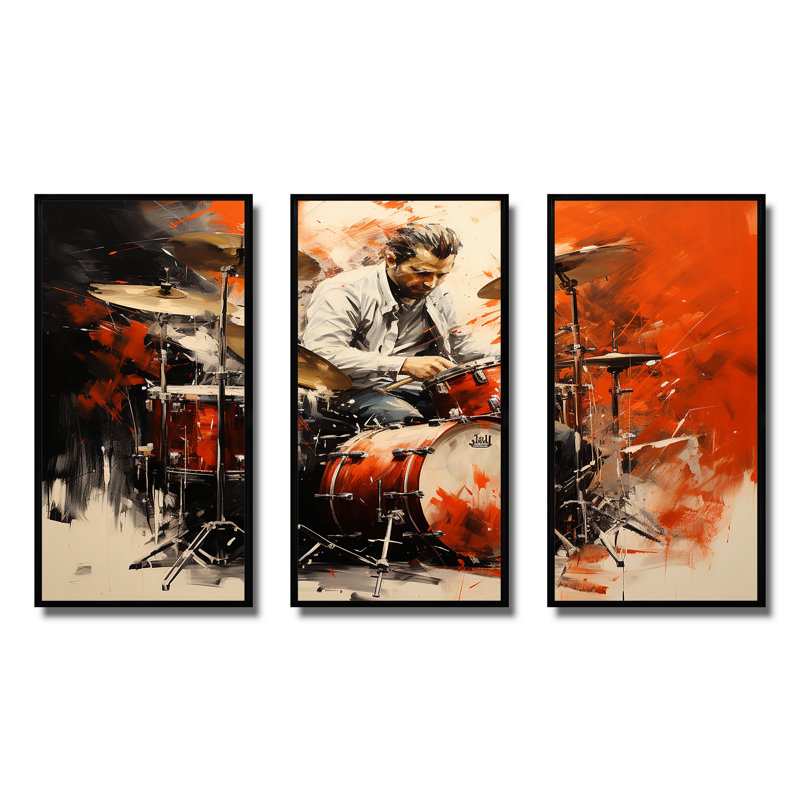 Deep Red Drum Beat, peinture I - musique, art mural, Cadre flottant noir, H 28 po x l 36 po