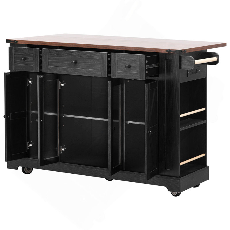 53'' Farmhouse Kitchen Island with Two Tempered Glass Cabinet Doors, Power Outlet, Rolling Kitchen Cart on Wheels with Drop Leaf, 5 Open Side Racks, 3 Drawers, for Kitchen, Dining Room