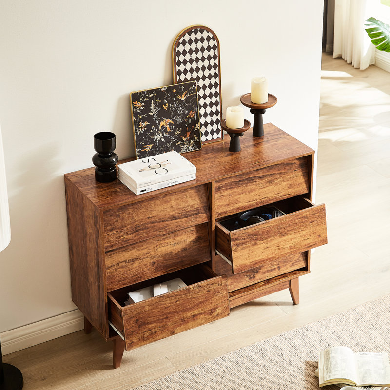 Commode double 6 tiroirs avec design biseauté et rétro, brun, l 47,3 po x P 13,5 po, idéale pour la chambre de bébé