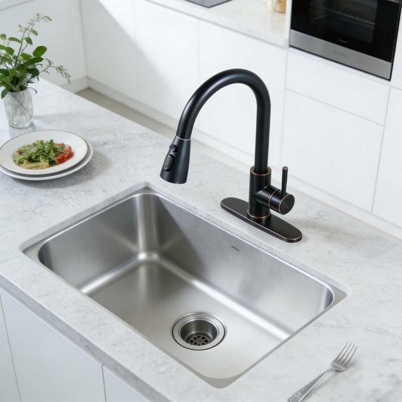 304 Stainless Steel Kitchen Sink Faucet with Pull Down Sprayer, High-Arc Single Handle Kitchen Faucet with Deck Plate
