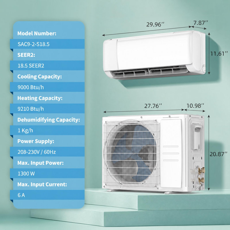18,5 SEER2 9 000 BTU Mini pompe à chaleur alternative et à chaleur divisée, refroidit / chauffe jusqu'à 450 pieds carrés, 230 V