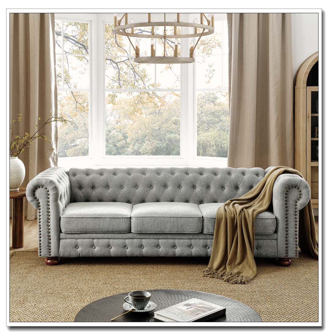 Chesterfield Sofa Tufted Linen Upholstered 3-Seater Sofa Scrolled Arms with Nailhead Decoration, Gray (88.5''x37''x28'')