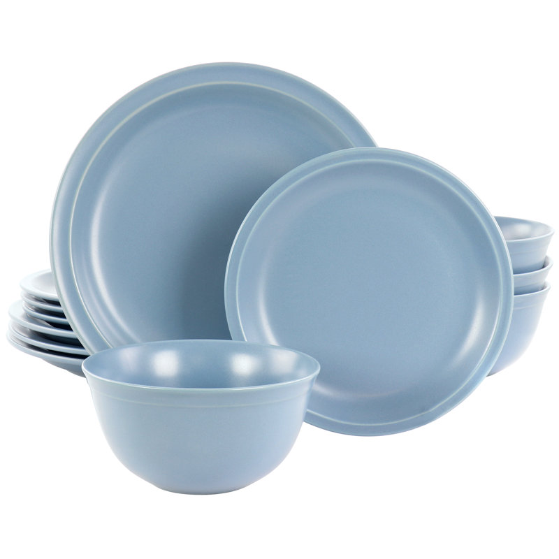 Service de table rond 12 pièces en grès gris chaud, Bleu