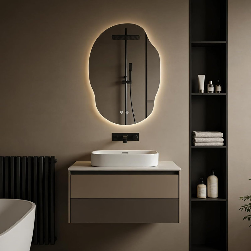 Miroir de salle de bain asymétrique DEL 31 po x 22 po - Miroir de courtoisie rétroéclairé avec antibuée, éclairage à intensité variable en 3 couleurs et fonction mémoire