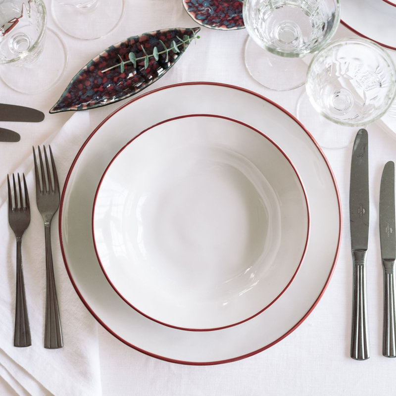 Beja Stoneware Dinner Plate, White/Red