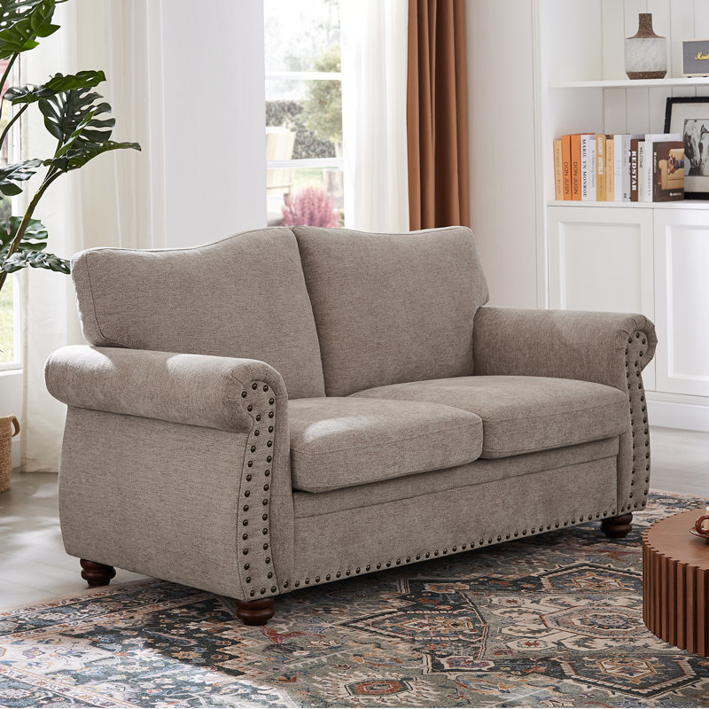 66''  Rolled Arms Chenille Small Sofa Couch, Chesterfield Sofa With Nailhead For Living Room., Gray