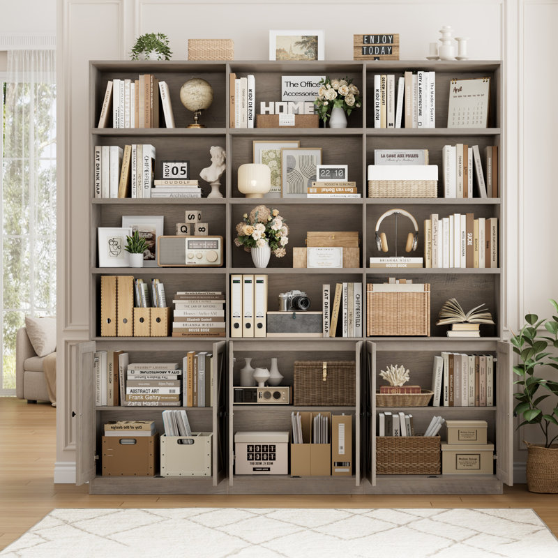 Buffet l 71 po x H 74,4 po avec 3 armoires et 12 tablettes ouvertes, Brun miel