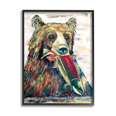 Ours et poisson, art moderne de la giclée encadrée noire par Jen Seeley