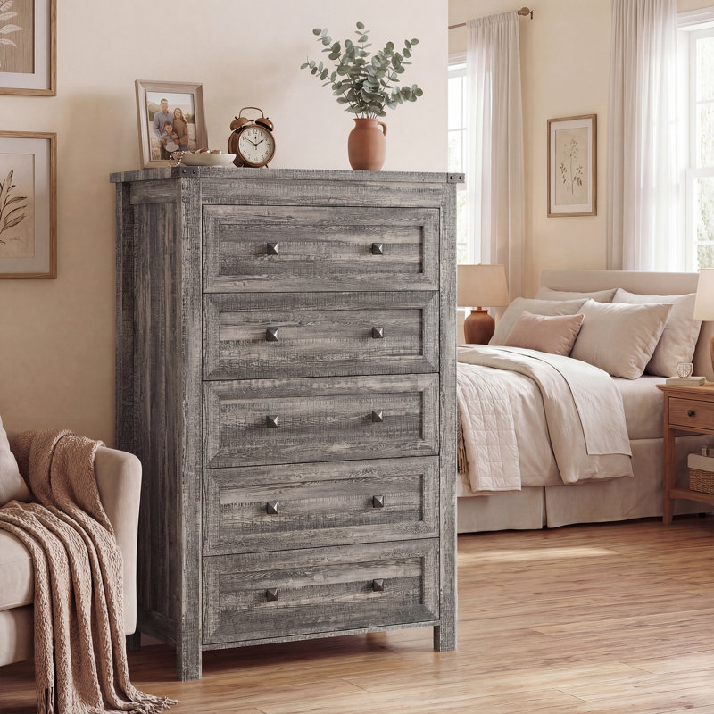 Lasharon 15.75"W Narrow 5-Drawer Dresser w/Slide Rails & Anti-Tip, Space-Saving Bedroom Storage, Dark Rustic Oak/Black