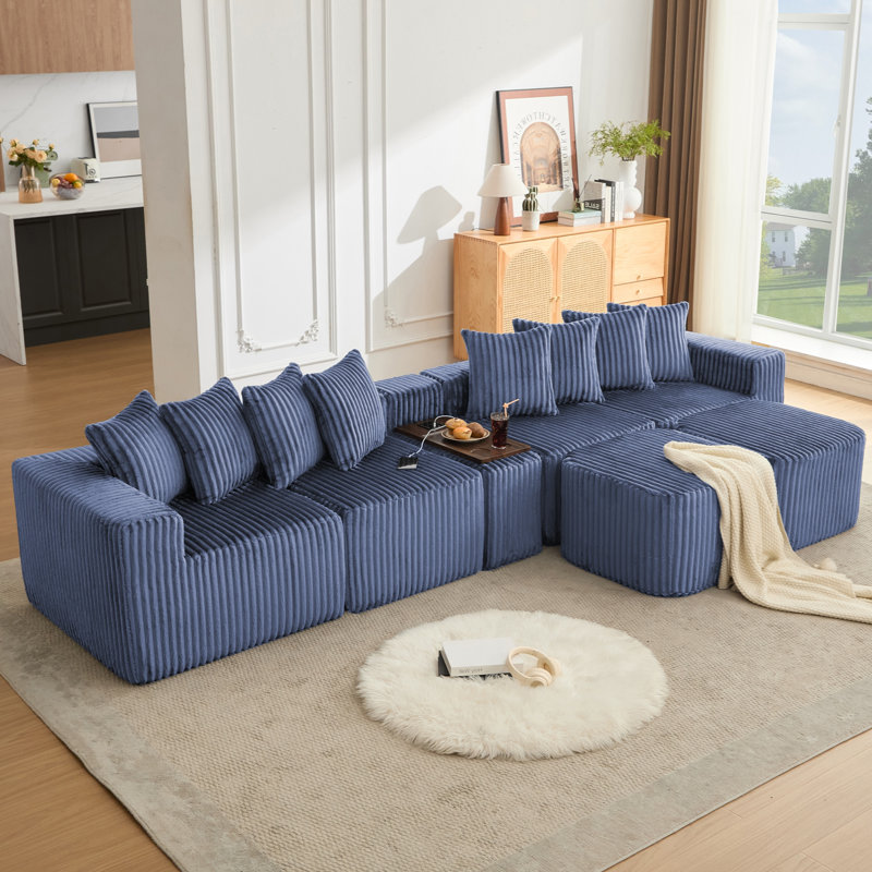 Canapé en U de 137,5 po, charge USB et sans fil, table basse avec porte-gobelet, Bleu