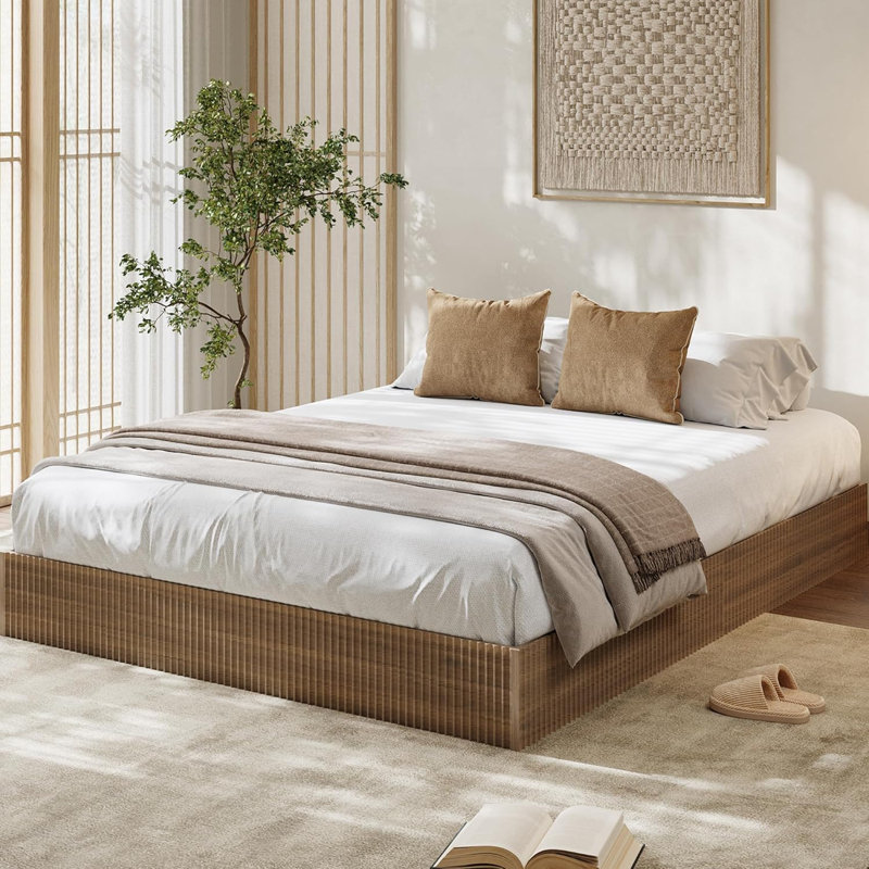 King Bed Frame, Wood Platform Bed with Fluted Design, Low Profile, Noise-Free, Walnut Finish, Minimalist Style, No Box Spring Required