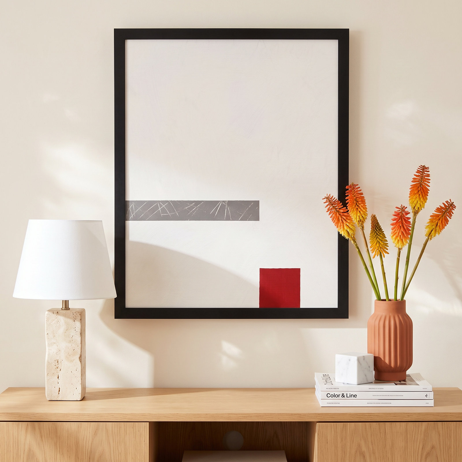 Tempo With Red 3 by Robert Kamnatnik, 20" H x 16" W x 1.25" D, Black Framed Paper