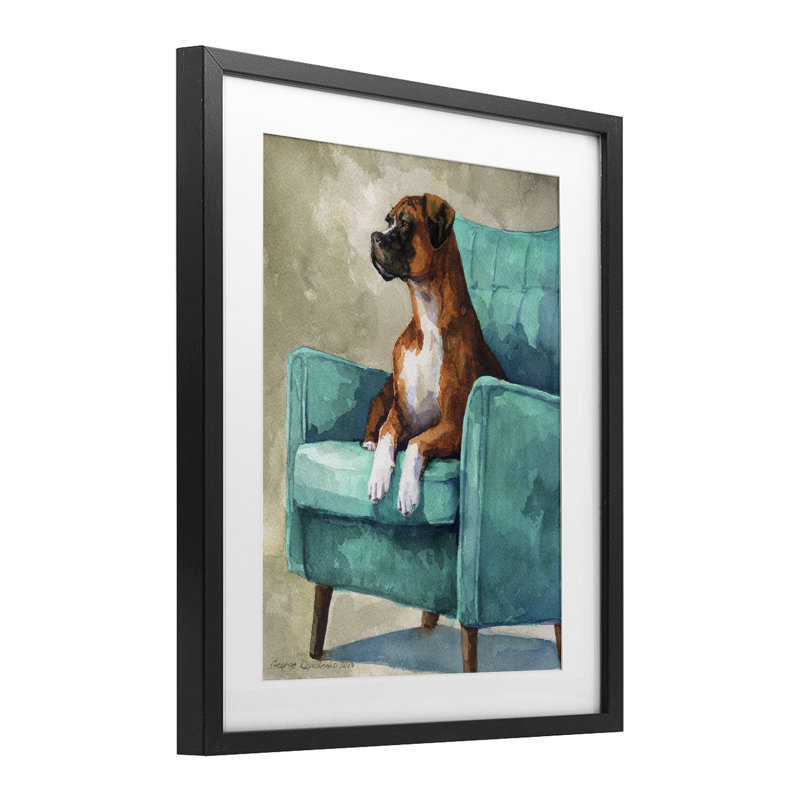 Boxer majestueux sur fauteuil majestueux, impression par George Dyachenko, Cadre noir minuit sous verre, H 16 po x l 13 po