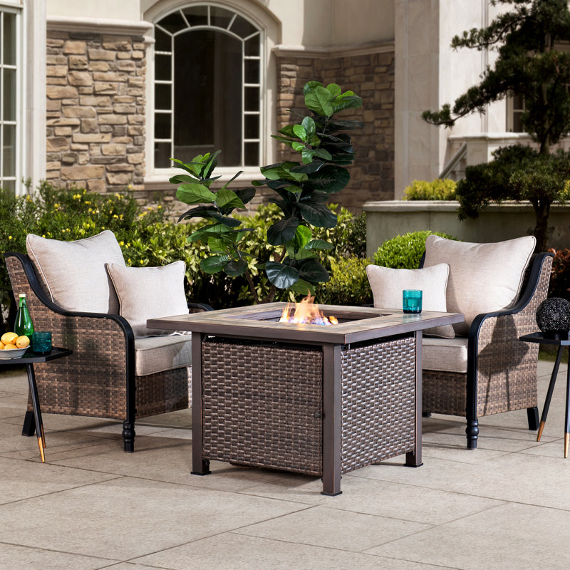 Sunjoy Square Ceramic Tile Top with All-Weather Wicker Propane Powered Firepit Table
