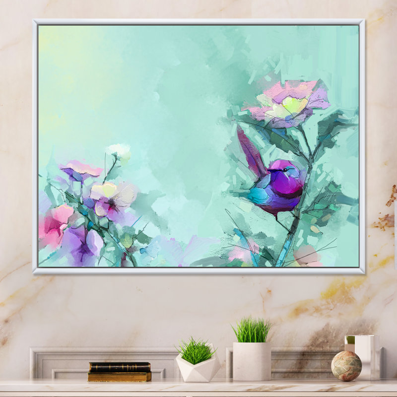 «Paintbrush Mauve and Turquoise Bird», reproduction sur toile flottante, H 8 po x l 12 po x P 1 po, Cadre flottant blanc