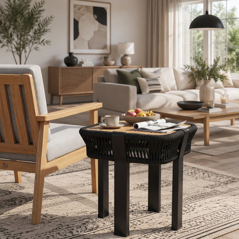 Table de bout d'extérieur en bois d'acacia avec corde noire et structure en métal, Black,Teak