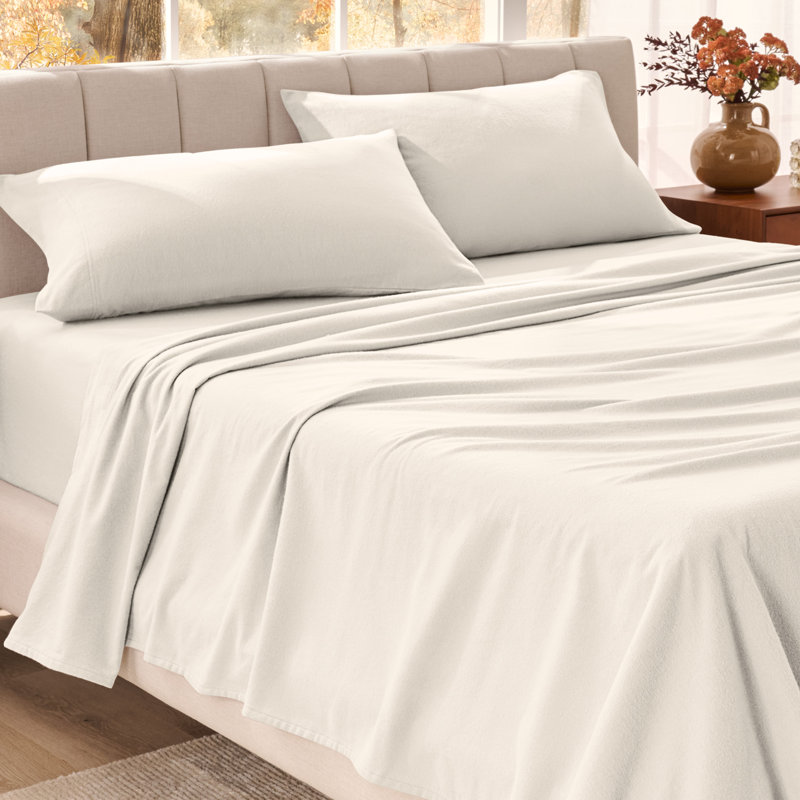 Organic 100% Cotton Flannel Sheet Set, Queen Sheet Set with 2 Pillowcases, Cream