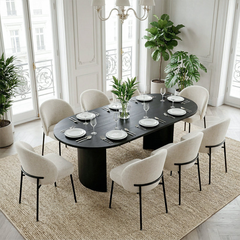 9-Piece Oval Dining Table Set For 8 With Upholstered Chairs, 79" Modern Dining Room Set, Oatmeal