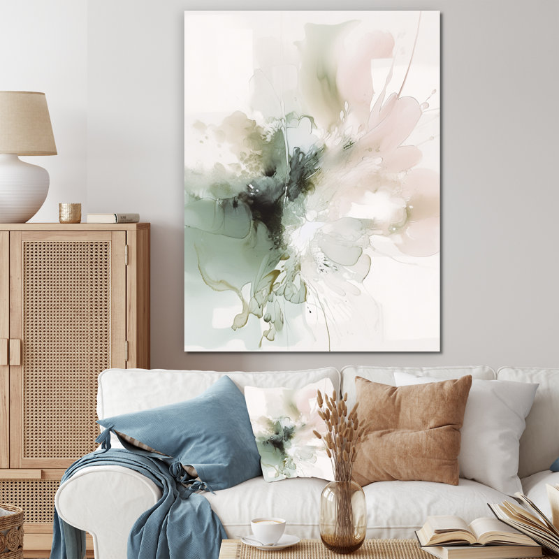 «Green and Cream Essence Of Modernity I» - Décoration murale abstraite en marbre, H 32 po x l 16 po, Toile tendue, No Frame