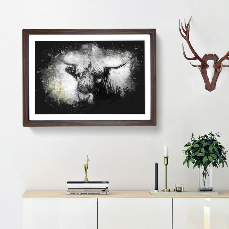 Paint Splattered Highland Cow Framed Print, 60cm H x 91cm W x 2cm D, Walnut Framed
