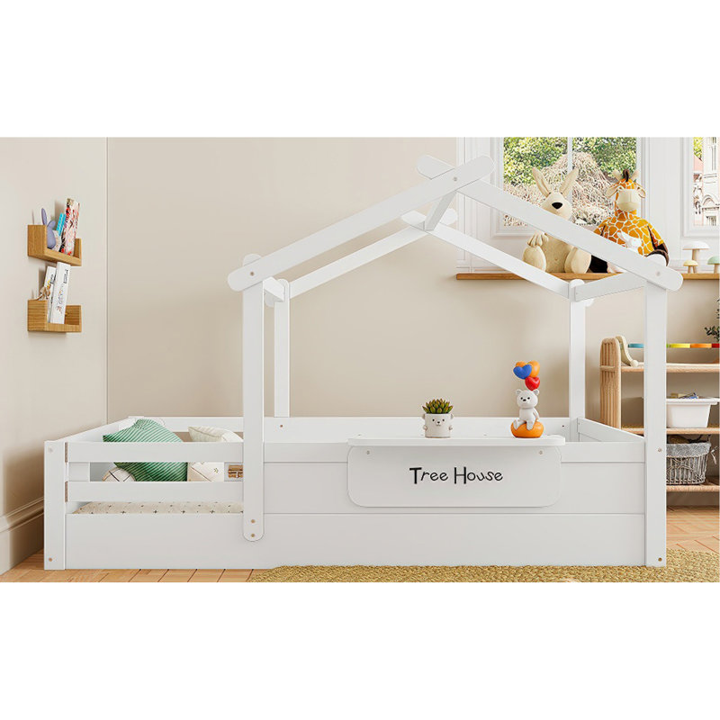 Lit double pleine grandeur avec garde-corps et toit, lit pour enfant avec un petit plateau intégré et une enseigne à installation gratuite, conception enfantine, blanc