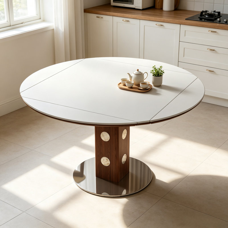 Table de salle à manger à rallonge ronde de 47,2 pouces à abattants avec plateau en pierre frittée blanche et colonne en bois de noyer