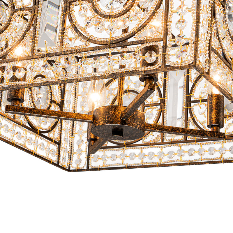 Lustre carré rétro géométrique à 4 lumières avec cristal