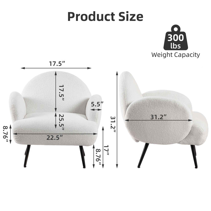 Fauteuil rembourré Ozpa Sherpa, Velours blanc, Noir