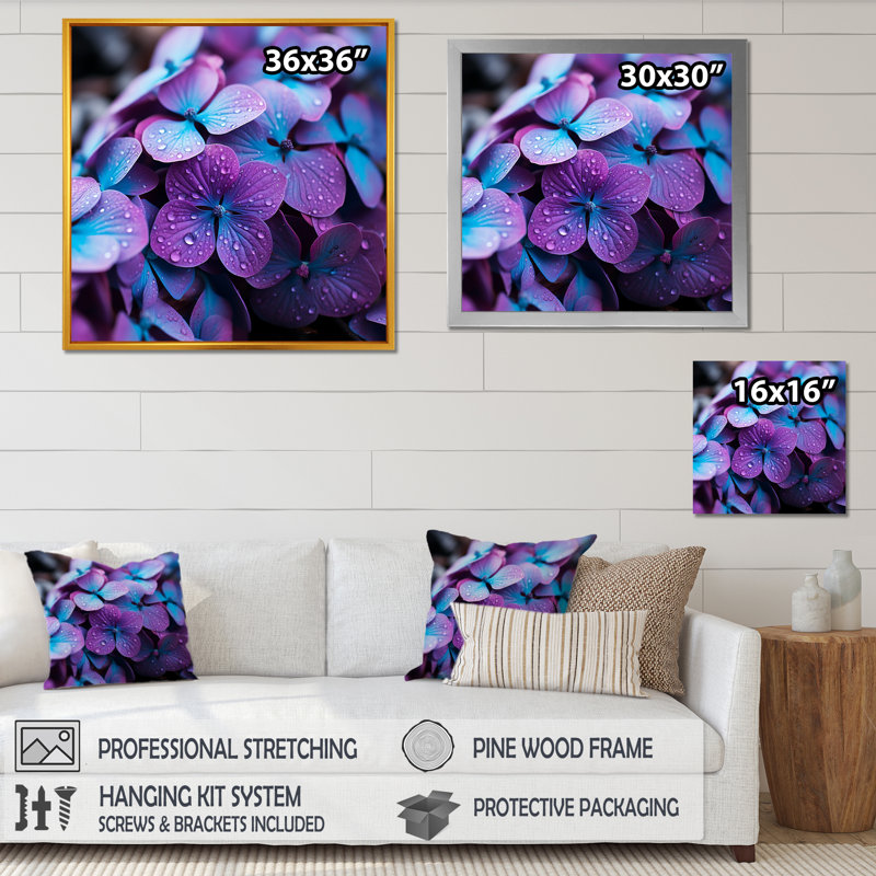 Harmonie mauve, fleurs, harmonie II - hydrangées, art mural, Cadre flottant noir, H 16 po x l 16 po x P 1 po