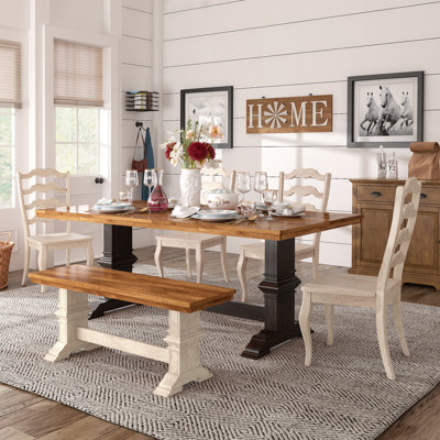 Guinnevere 78" Solid Wood Oak Finish Top 6-Piece Dining Set With French Ladder Back Chairs And Bench