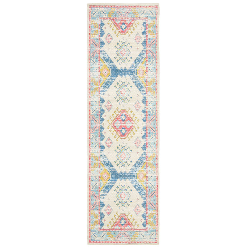 Tapis crème / bleu en coton tissé à la main Joppatowne, Tapis de couloir 2 pi 3 po x 8 pi