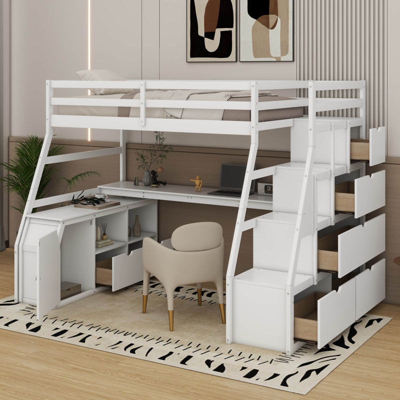 Lit mezzanine simple avec tiroirs Jeffree Kids, Blanc, Twin