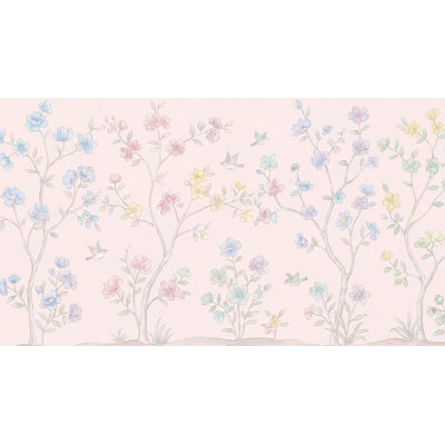 Papier peint floral pastel oiseaux de jardin