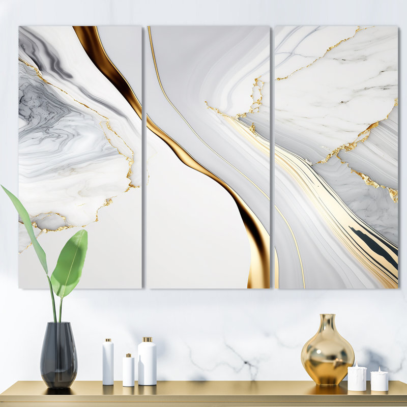 «Abstract Geode Waves Grey IV», reproduction sur toile 3 pièces, H 32 po x l 48 po x P 1 po, Toile tendue
