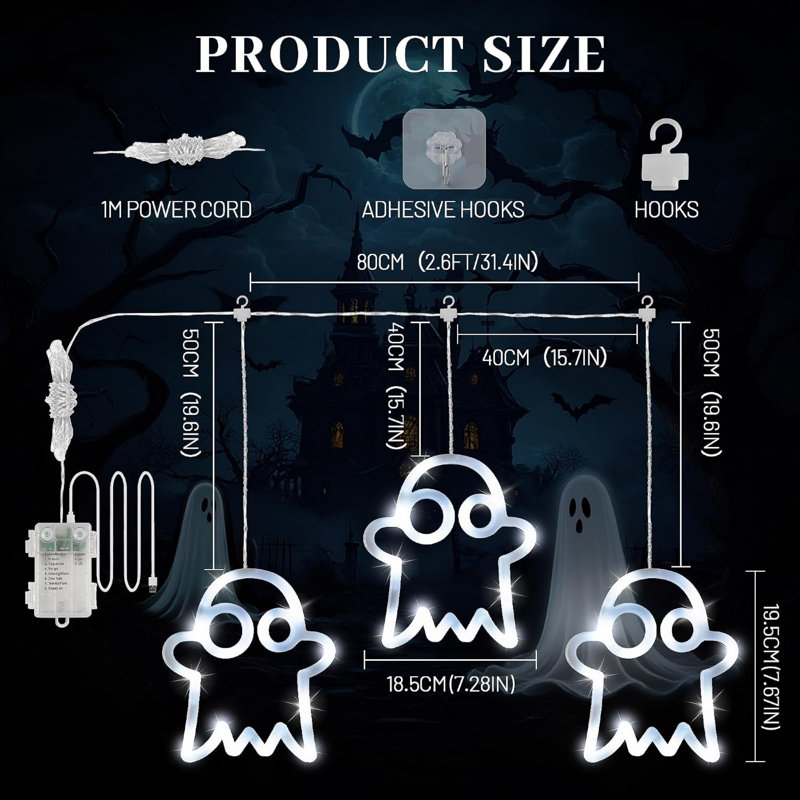 Décorations d'Halloween, 39 lumières DEL de fantôme blanches et USB avec 3 minuteries et 8 modes d'éclairage, guirlande lumineuse pour Halloween