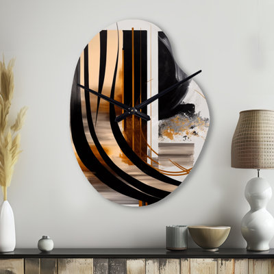 Jasha Gold Touch Art Deco III - Abstract Unique Shape Metal Wall Clock, Black Asymmetrical Clock Print