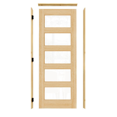 Unfinished Pine Solid Core 5 Lite Double-Grid Transparent Glass Front Door Slab With < Inswing > Jamb Kit 
