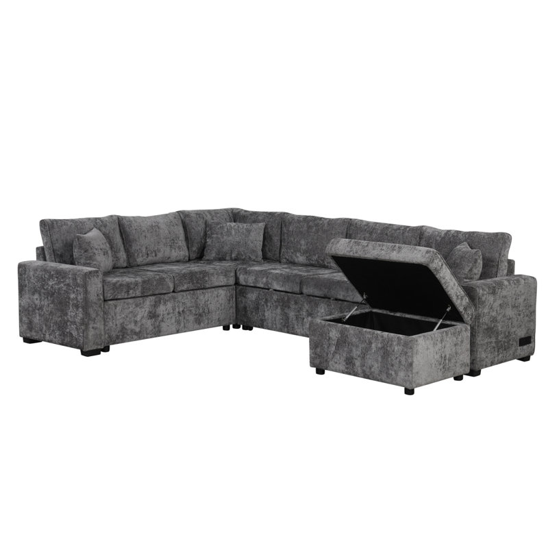Canapé-lit 112,2 po avec canapé-lit escamotable avec repose-pieds avec rangement, trois coussins et dispositifs de chargement pour le salon, gris