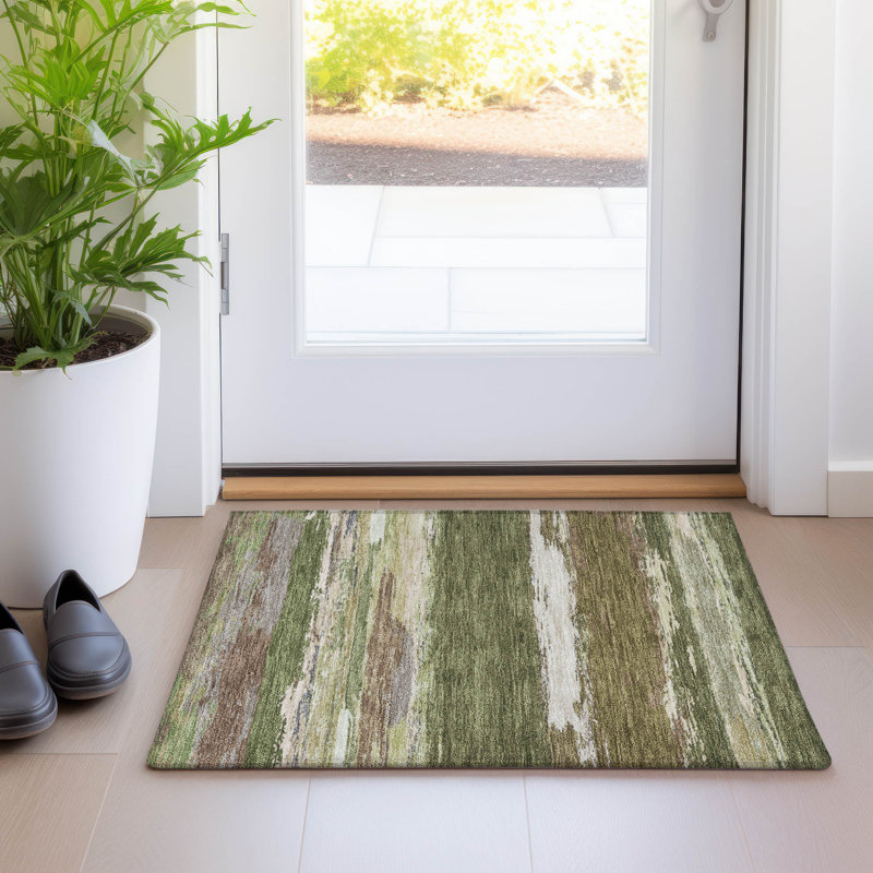 Machine Washable Indoor/Outdoor Christain ACN1284 Olive Rug, Rectangle 1'8" x 2'6"