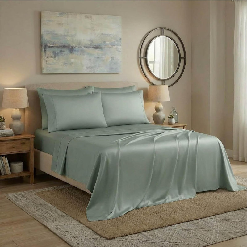 adamstown 1500 Thread Count 6 Piece Premium Cotton Rich Sateen Sheet Set, 4 Pillow Cases, 1 Fitted Sheet, 1 Flat Sheet, Fits Mattresses up to 16” Deep,  King Size, Sage Green