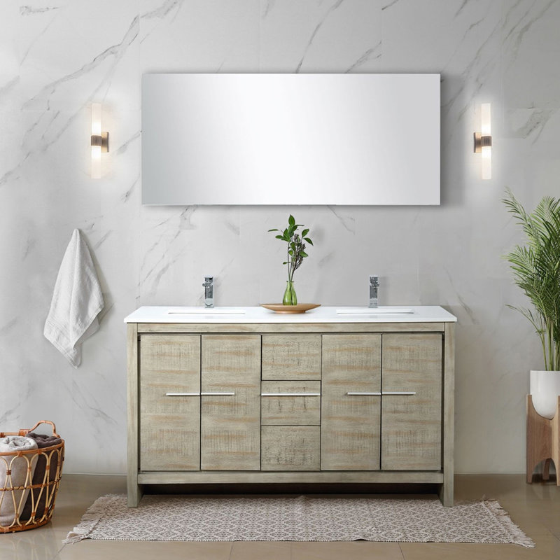 Ensemble de meuble-lavabo double en acacia rustique l 60 po x P 20 po, plateau en marbre de culture, robinet chromé et miroir de 55 po