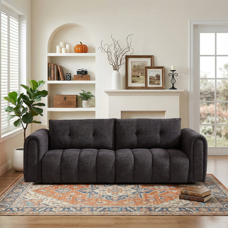 Modern Style 91.5" Tufted Chenille Upholstered Sofa with Round Arms,Oversized Comfort for Living Room, Gray