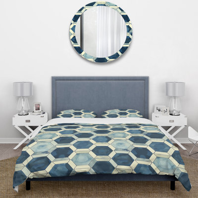 Ensemble de housse de couette Blue Beige Midcentury Hexagon Print IV - Midcentury